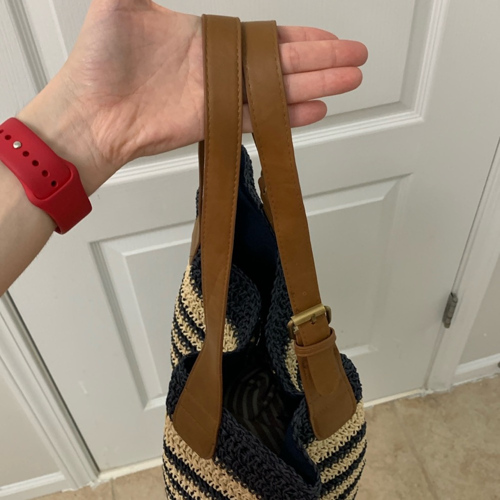 Navy Blue and Cream Striped Woven Straw Tote Bag - Picture 10 of 17